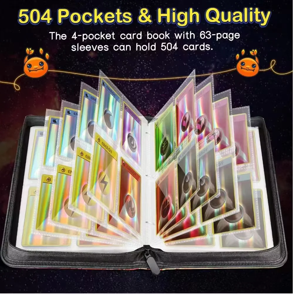 Direct Supplier Wholesale Trading Card Binder with 4 Zippered Pockets PU  Cover for Pokemon Cards