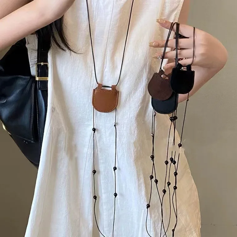 Suede Leather Mini Crescent Bag Necklace Fashion Charm