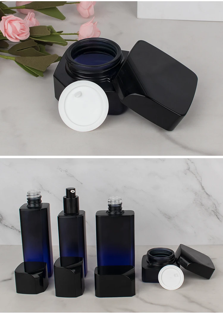 50g 100ml 120ml luxury square cosmetics packaging glass bottle sets plastic lid skincare cream jar and pump spray bottle set manufacture