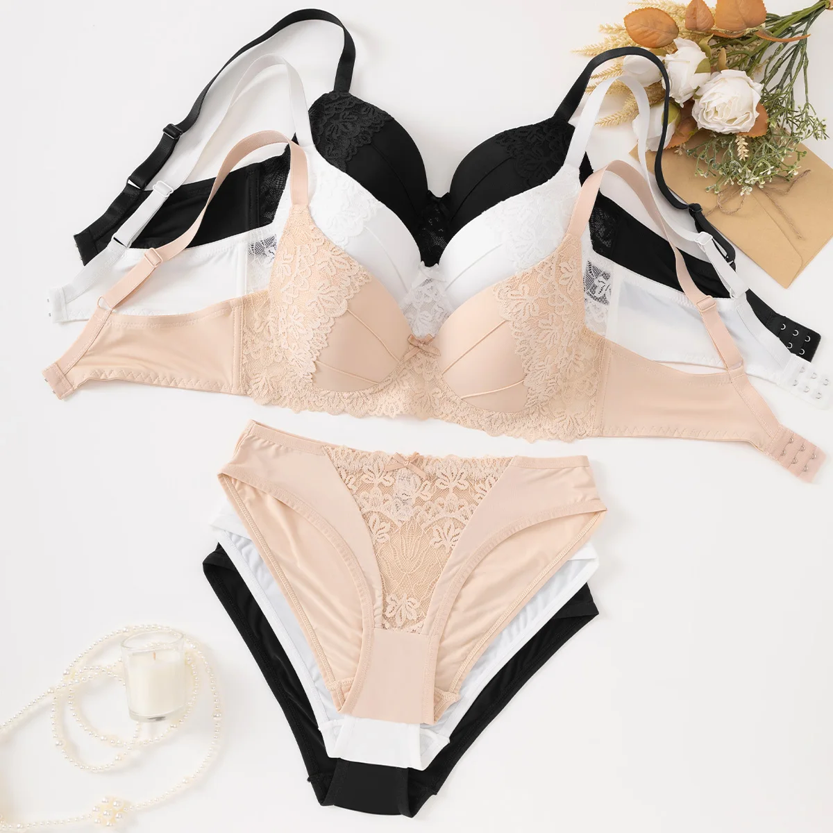 High Quality Lace Design Sewing Bra Set Gathering Push up Wonder Underwear Highly Elastic Panty and Bra Set for Women Ladies