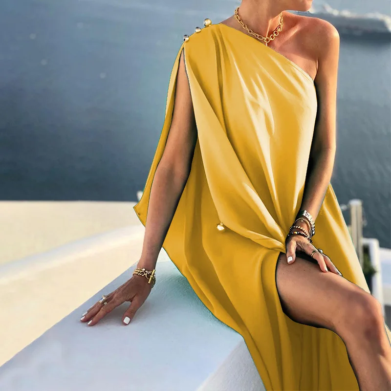 chocolate bridesmaid dress Asymmetrical one-shoulder boho maxi summer linen dress XS / Light Beige Melange main image 1