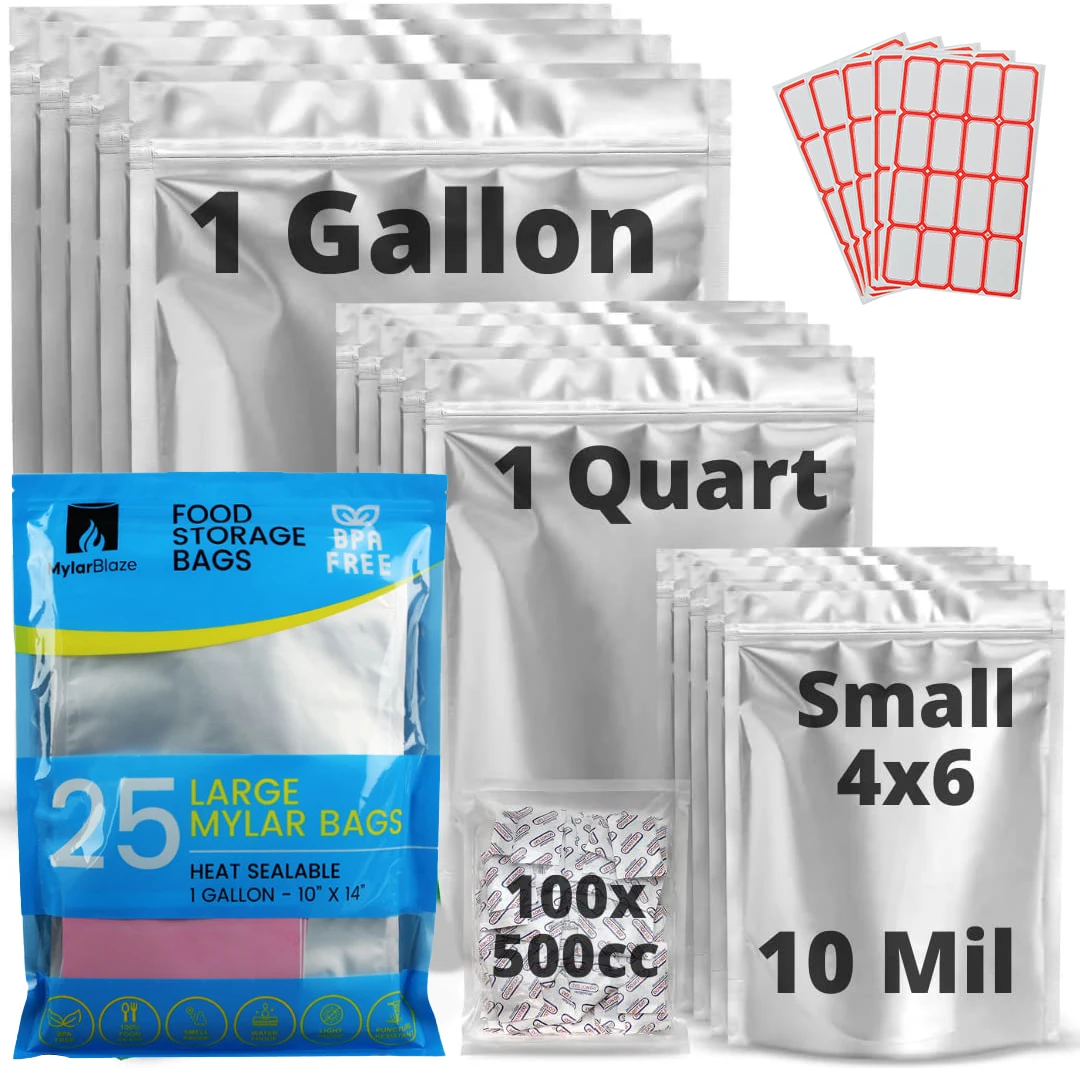 Quart 5 Mil Heavy Duty Seal- Top Mylar Food Storage Bags and Oxygen  Absorbers