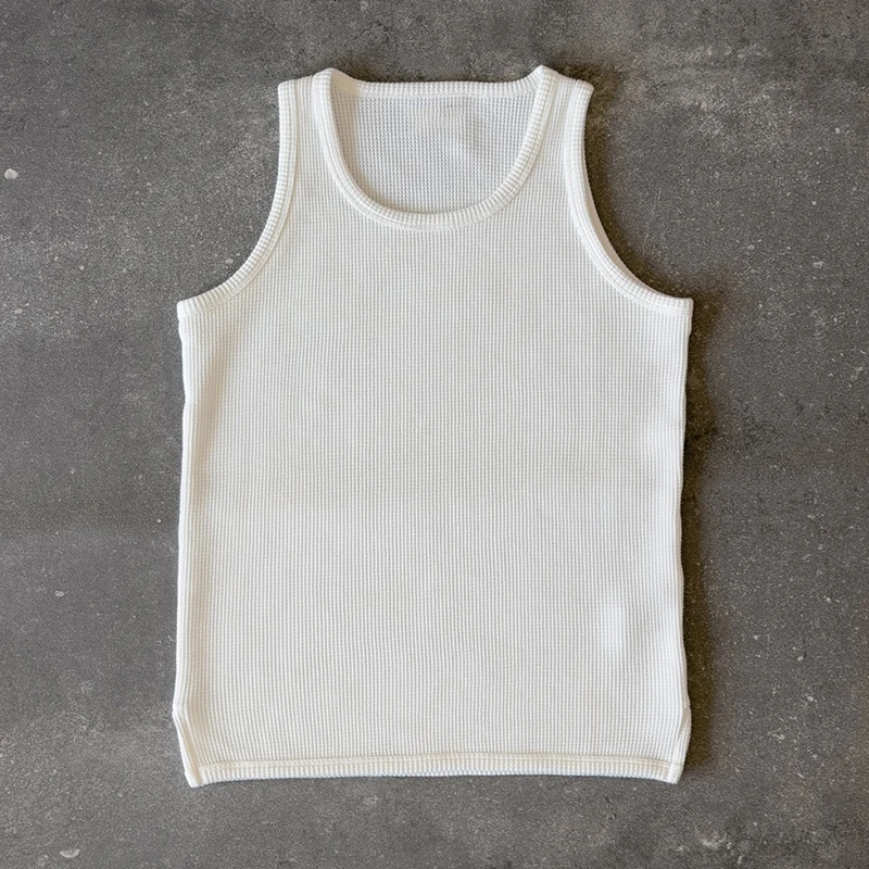 Customized Waffle Knit Tank Top Men's Sleeveless Thermal Tee Side Slit Boxy Fit Streetwear Vest 300GSM Premium Cotton Blank