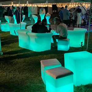 Colorful Lighting Bar Chair and Table Set Outdoor Square Stool Customized Glowing Logo Free for Night Club Wedding Patio