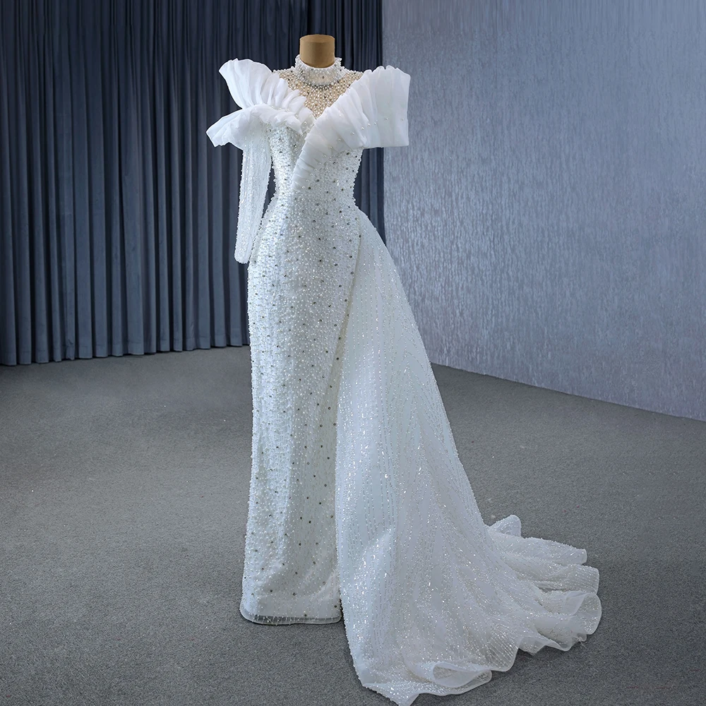 muslim mermaid wedding dress Modest Muslim Mermaid Wedding Dresses - Lace Appliques Bridal Gowns with Detachable Overskirt and Court Train