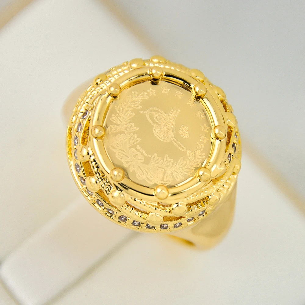 高品質ドバイゴールドリングデザイン女性用コインリング5Aキュービックジルコニアリング