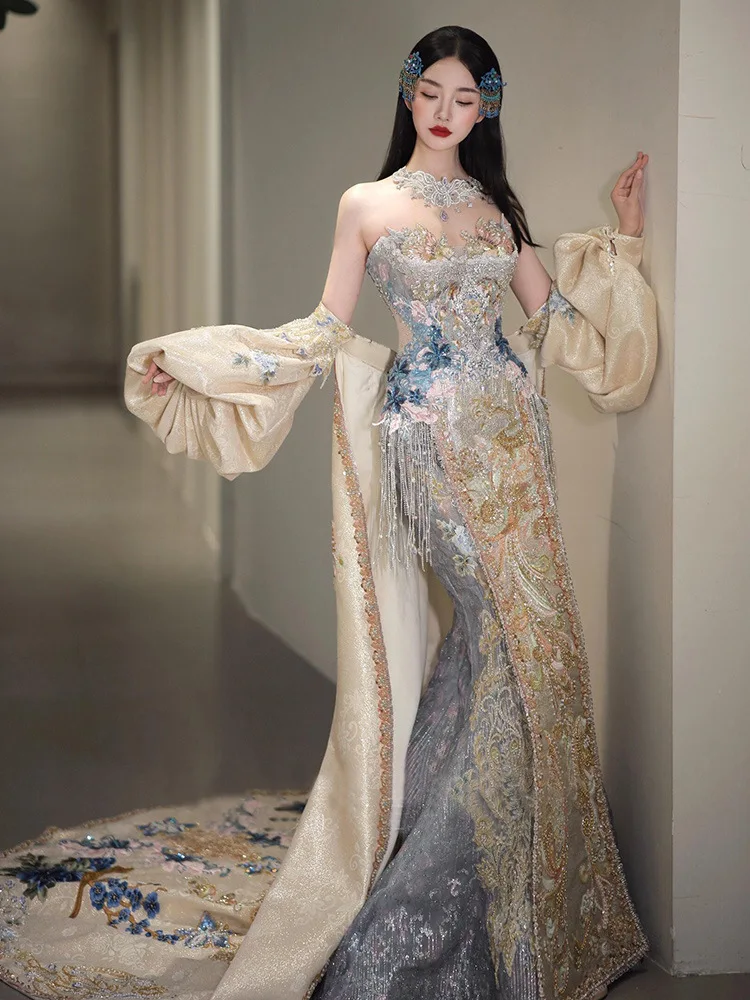 chinese princess wedding dress 2026 Chinese Wedding Dress With Long Cap Lace Wedding Gown With Long Train  Embroidery Princess Plus Szie Bridal Dress Customized