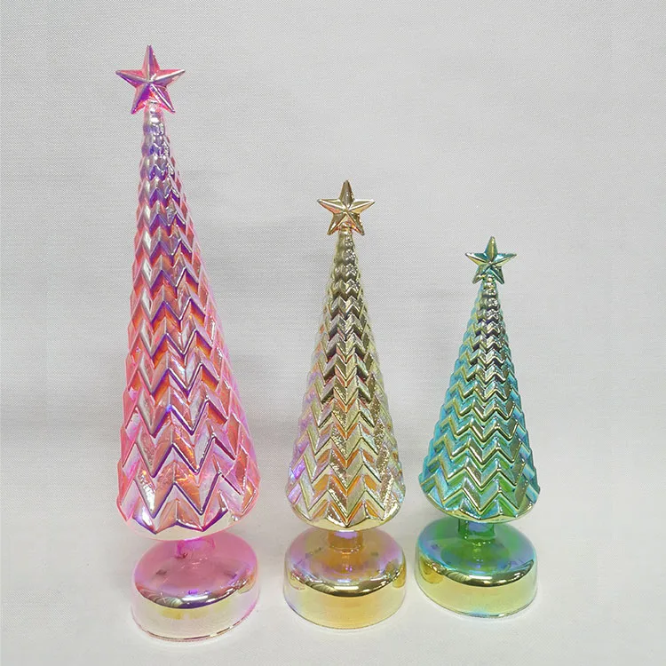 Vintage modern tabletop pre lit led lighted up mini green hand blown glass christmas tree decorative figurine set with lights details