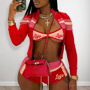 Huili Trending Slim Fit Color Block 3 Piece Zip up Crop Top & Shorts Outfits Custom logo Activewear Workout Sets for Women