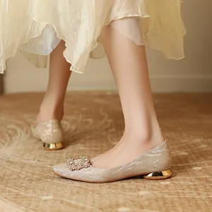 7318-17 Bejani French Flat-bottomed Pregnant Women's Bridal Shoes Crystal Champagne Color Thin Heel Autumn Wedding Shoes