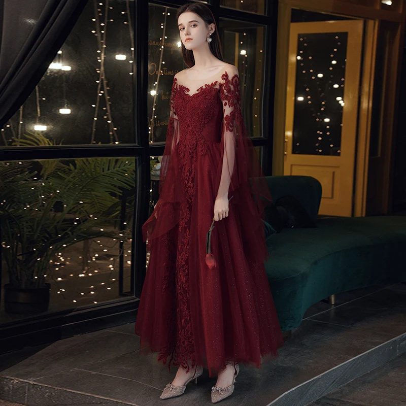 burgundy leather dress women Elegant Sequin Chiffon Formal Dresses with 3/4 Sleeves