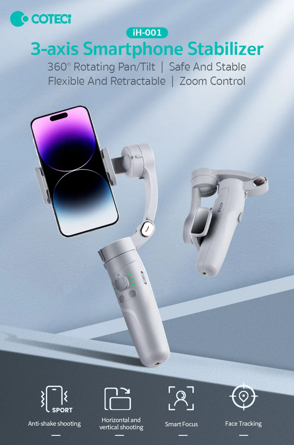 COTECi 3-Axis Smartphone Gimbal Stabilizer Smart Selfie Stick Face Tracking for Video Camera Mobile Phone Control Action Camera