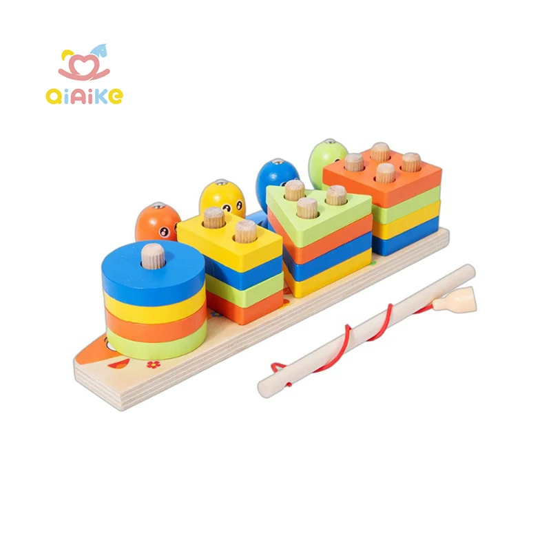 Wooden Shape Sorter Stacker Toddlers Puzzles Toy Geometric Shapes Cognitive Matching Puzzle Fishing Game Wooden Montessori Toys