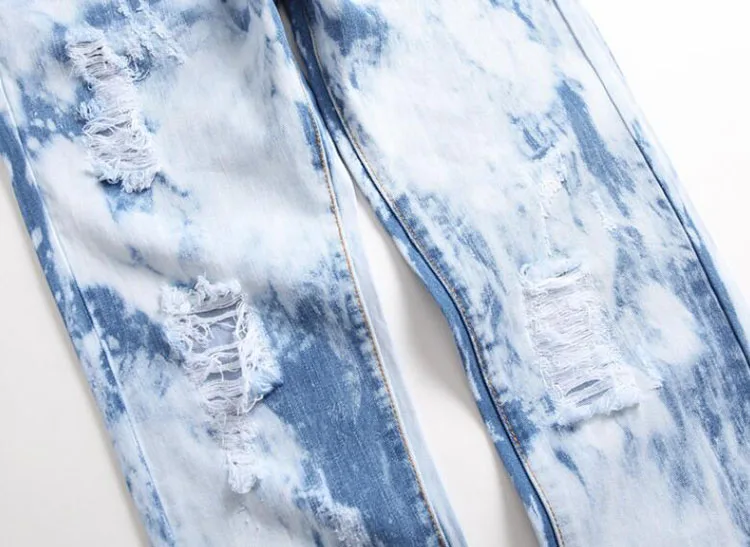 Wholesale Mens Light Blue Tie and Dyed Snow Washed Denim Jeans Streetwear Holes Ripped Slim Straight Pants