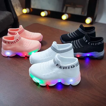 Kids Sneakers Children Baby Girls Boys Letter Mesh Led Socks Sport Run Sneakers Shoes Light Up Shoes