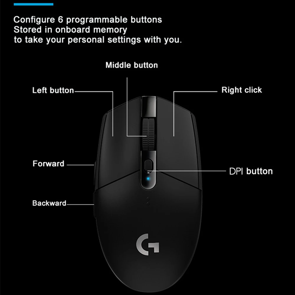 For Logitech G304 Wireless Optical Mouse 6 Programmable Buttons USB HERO Sensor 12000DPI Adjustable for Gaming on Laptop