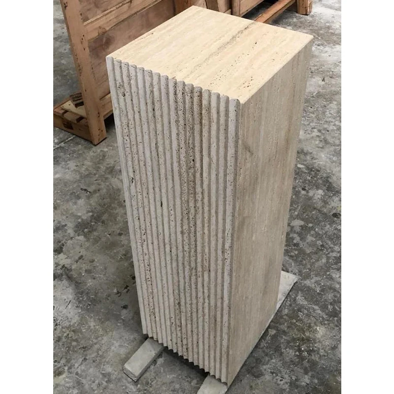 Customizable Luxurious Natural Travertine Matte Grooved Side Table Handcrafted Marble Design