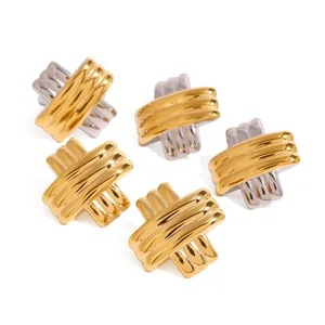 Stainless Steel Square Textured X Gold Stud Earrings for Women Ins Special Design with Two Tone Trendy Style for Girls