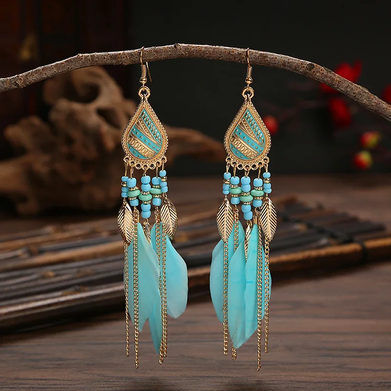 Ethnic Boho Style Colorful Drop Long Real Feather Pendant Bohemian Earrings Jewelry for Women