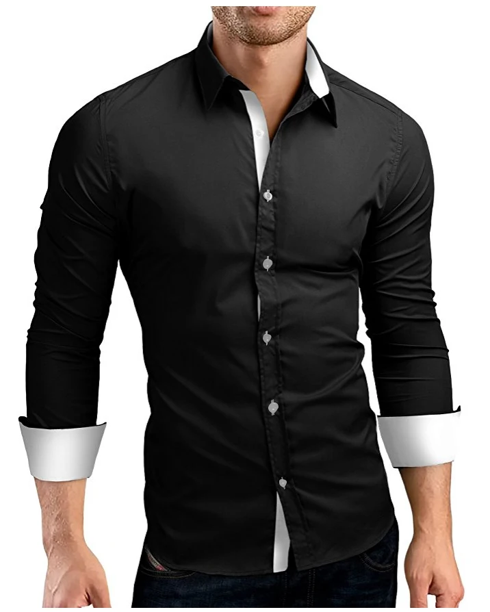 Camisa de manga larga para hombre, ropa negra ajustada, de marca