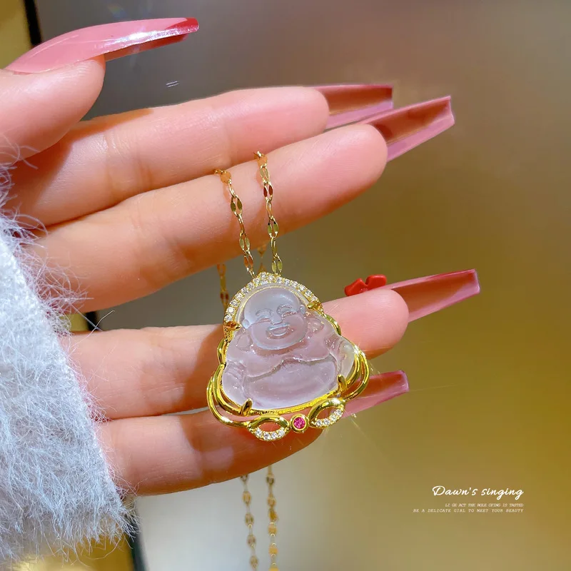 Collana di Buddha di giada, gioielli con ciondolo Maitreya, per