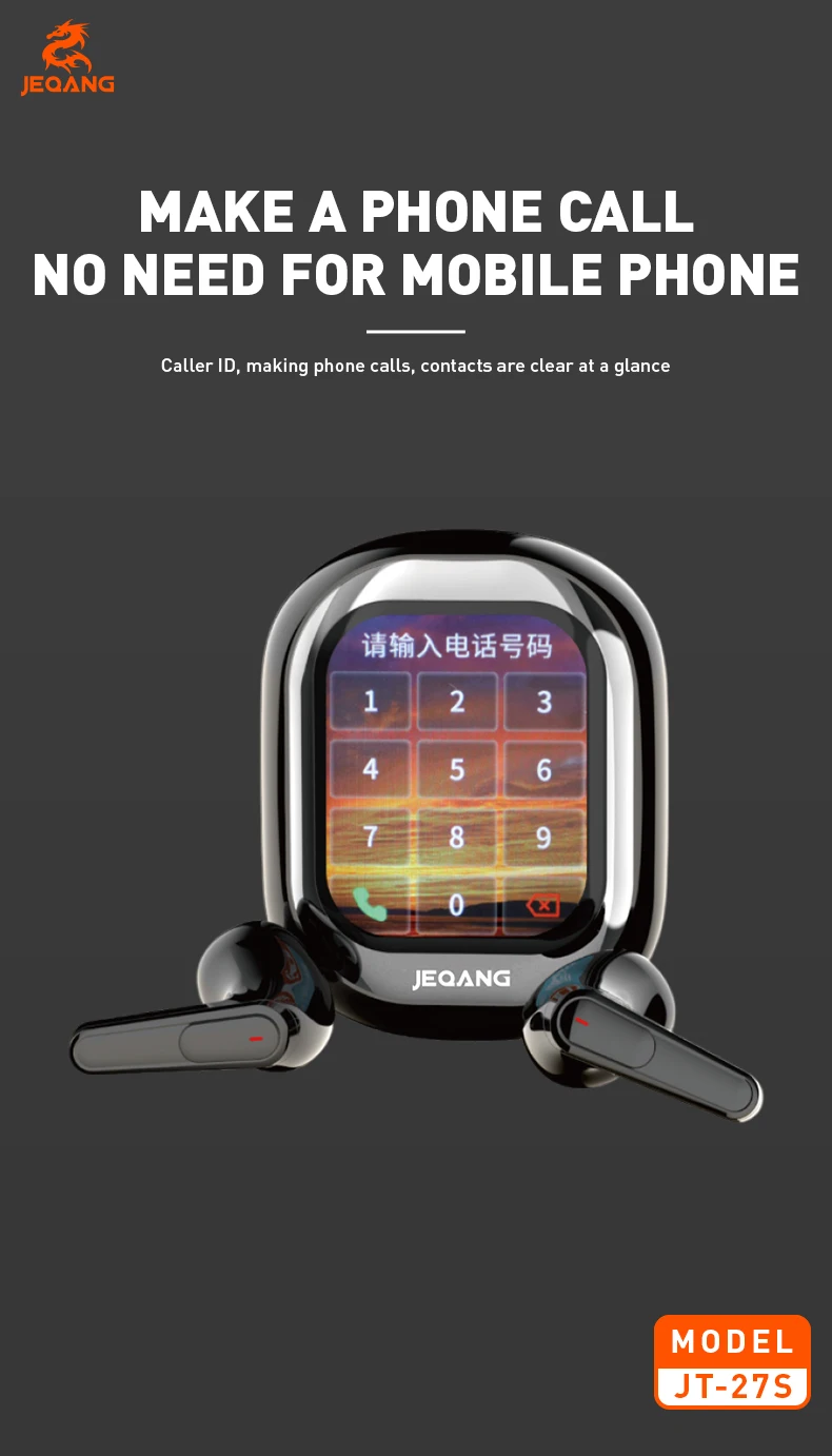 Jeqang-27S TWS BT Wireless In-Ear Earphones Smart Touch Screen Noise Cancelling Headphones Supports WeChat WhatsApp Messages
