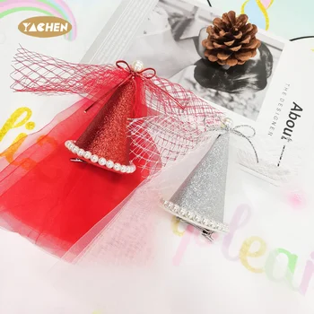 YACHEN Red Silver Sparkly Birthday Hair Accessories Elegant Pearl Tulle Birthday Hair Clip Barrette for Girls and Kids
