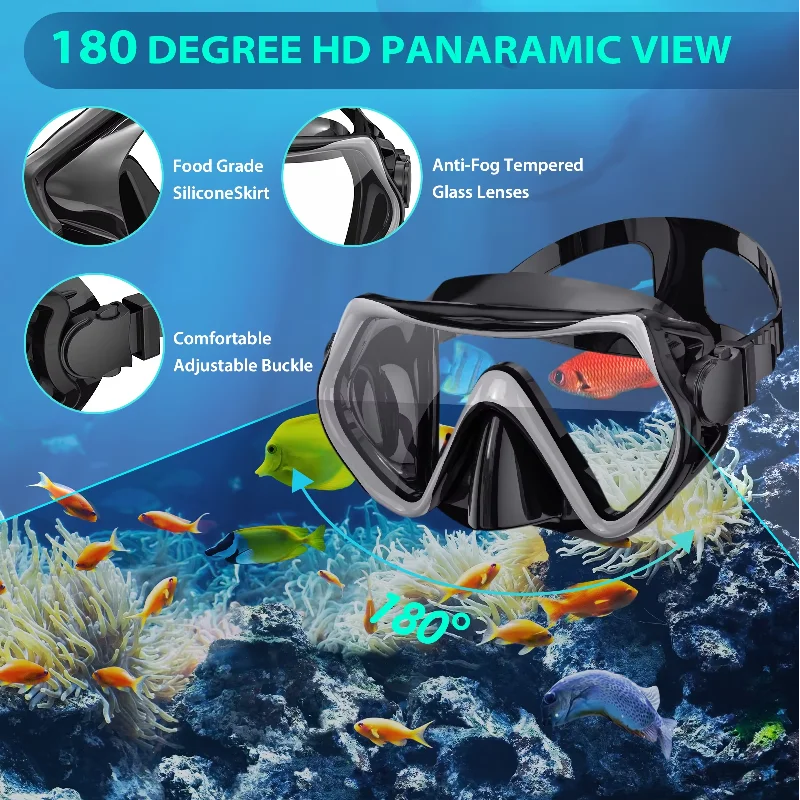 Snorkel Diving Mask Training Fins Flippers Three Piece Set Waterproof Double Lens Tempered Glass Lenses Portable Swimming_desvips.com