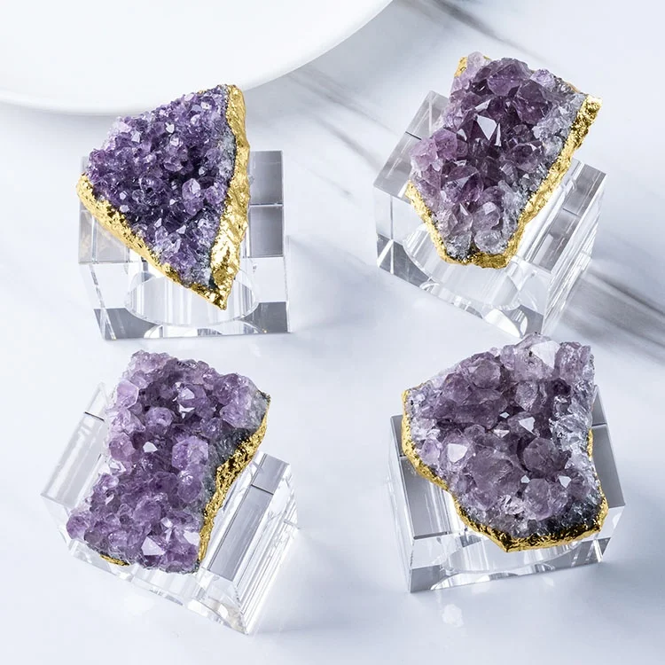 2021 Holiday Fancy Dinner New Cheap Rectangle Hand Made Gemstone Druzy Purple Amethyst Gold Plated Glass Napkin Ring for Wedding