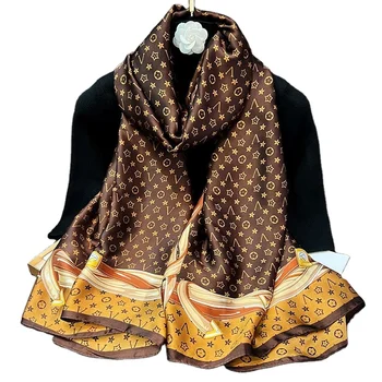 Women Summer Designer 80*180 Long Imitated Silk Scarf Star Custom Print Bandana Shawl Wraps Neck Scarves