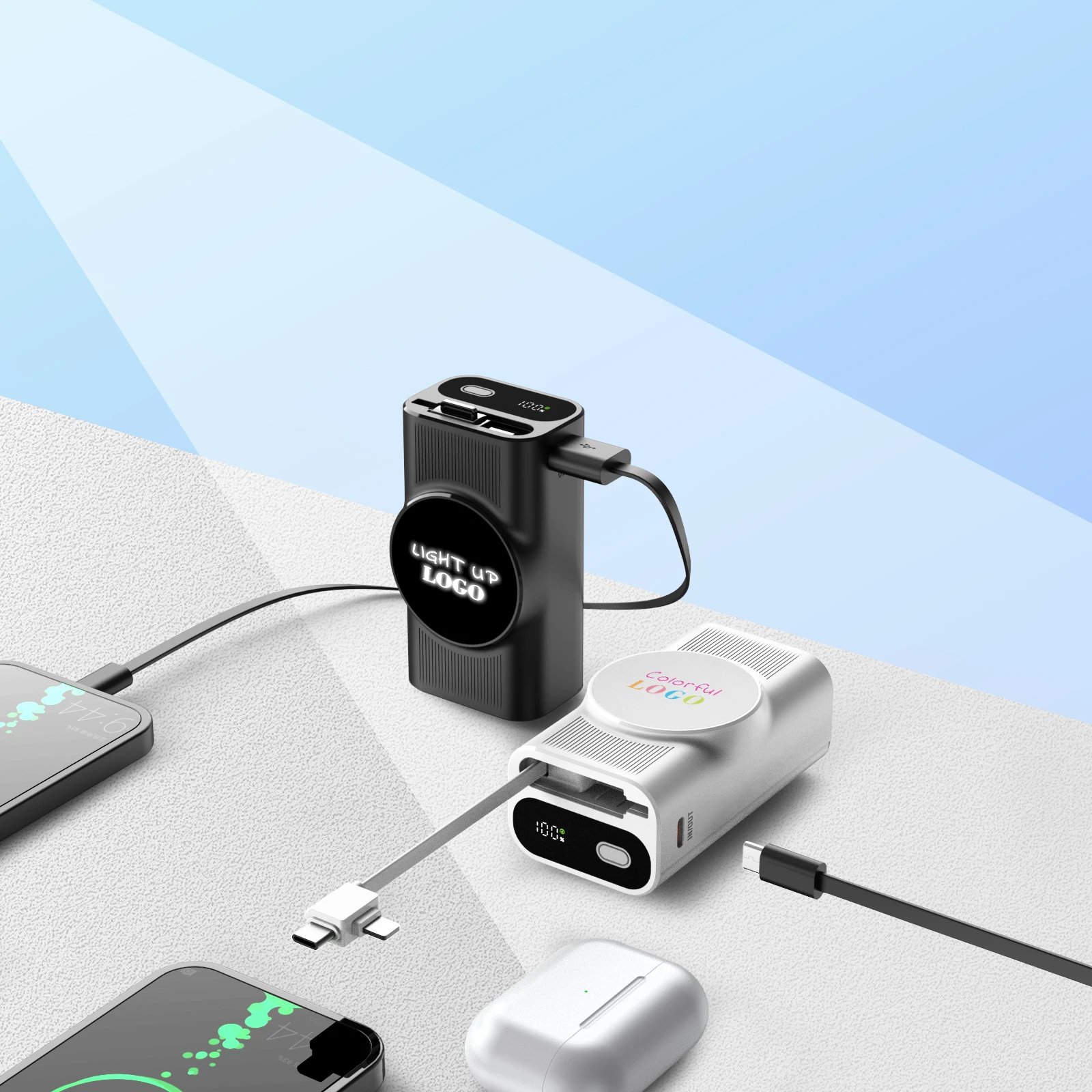 Retractable Cable Power Bank 10000mAh Portable Fast Charging Powerbank Mobile Phone Battery Charger Power Banks 22.5W for Iphone