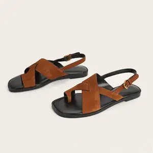 BUSY GIRL CXX134 Lighted Flat Sandals Women's Brown Suede Cross Strap Toe Post Sandals with Ankle Strap Buckle Summer Outdoor