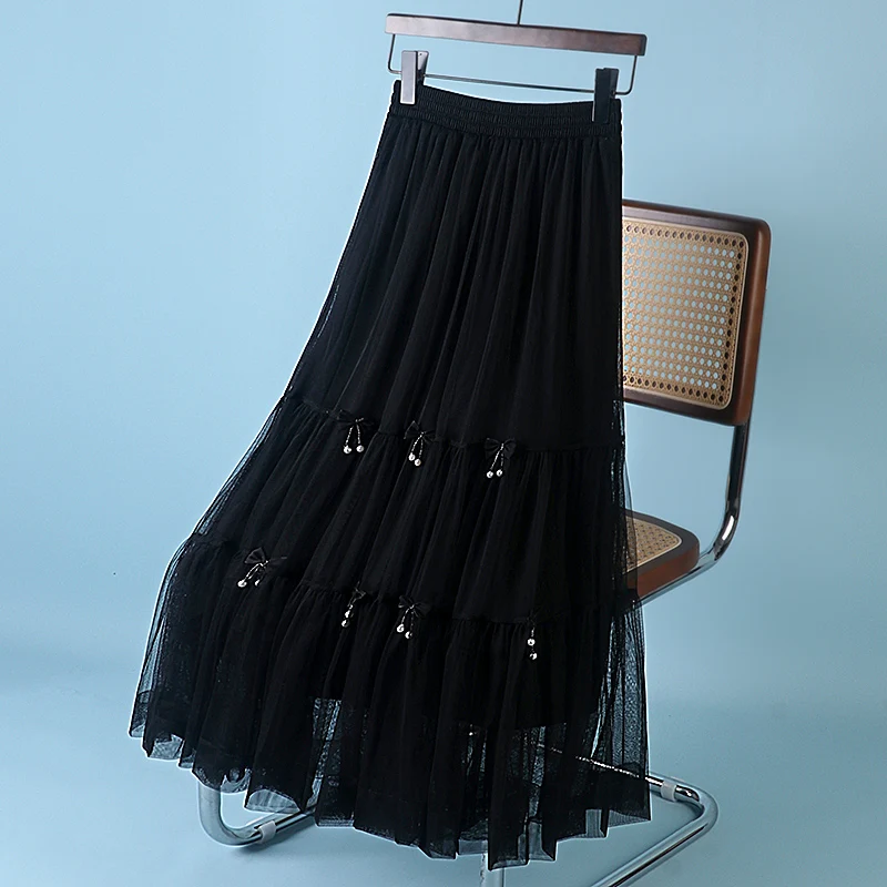 Double Layer Mesh Bow High Waisted Midi Skirts for Women Pure Color Green Summer Pleated French Sweet Skirt