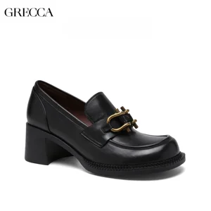 Wholesale Custom Women's Heeled Sandals Walking Loafer Shoes Slip-On Comfortable Faux Suede with Stylish Chain Detail