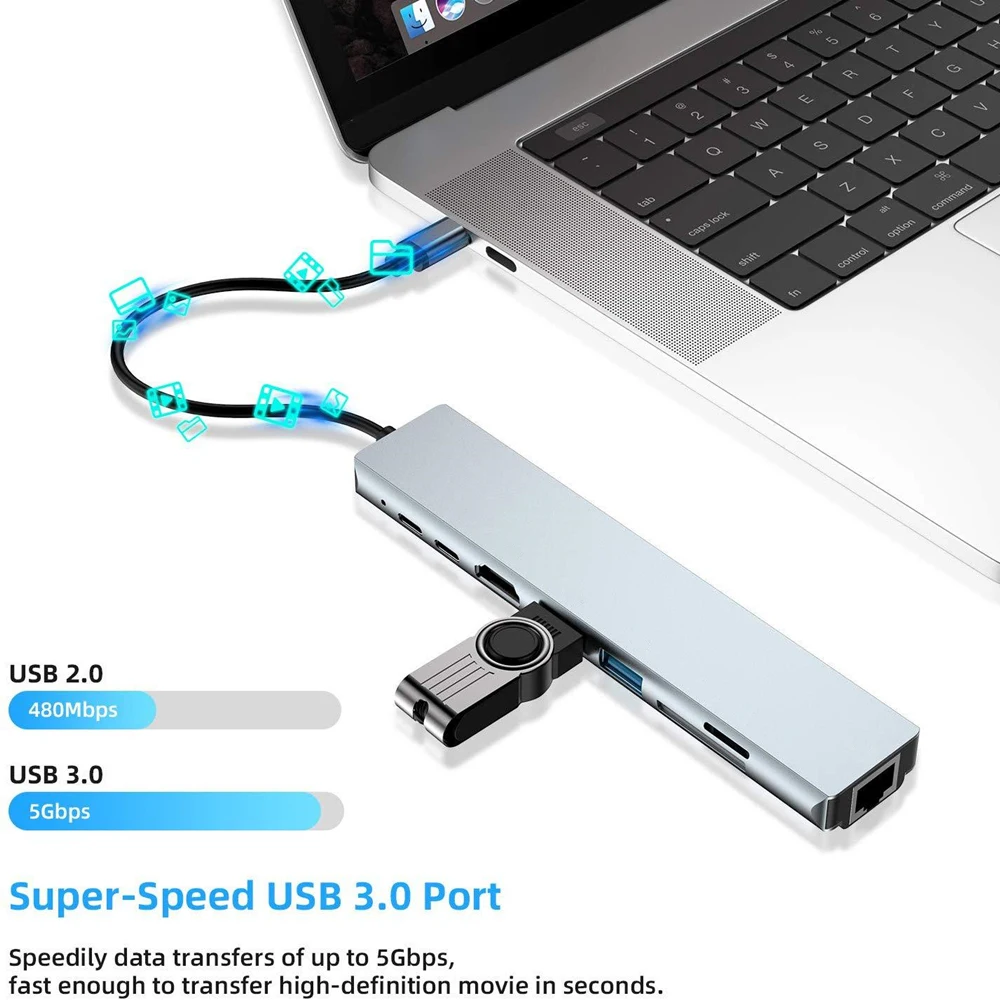 USB C 8-in-1 Type C Hub with Ethernet Port 4K HDTV USB 3.0 Ports 100W Power Delivery Charging Adapter USB Docking Station