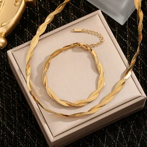 18K Gold Plated Stainless Steel Twisted Herringbone Chain Necklace Bracelet Set for Unisex Wedding Party Fashion Jewelry