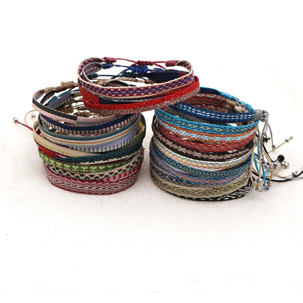 Bohemian Style Colombian Ethnic Adjustable Fabric Ribbon Woven Webbing Bracelets