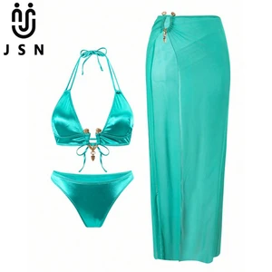 JSN 2026 New Design Two Piece Set Bikini with Swimdress for Ladies Women's Solid Halter Backless High Quality Swimwear Beachwear