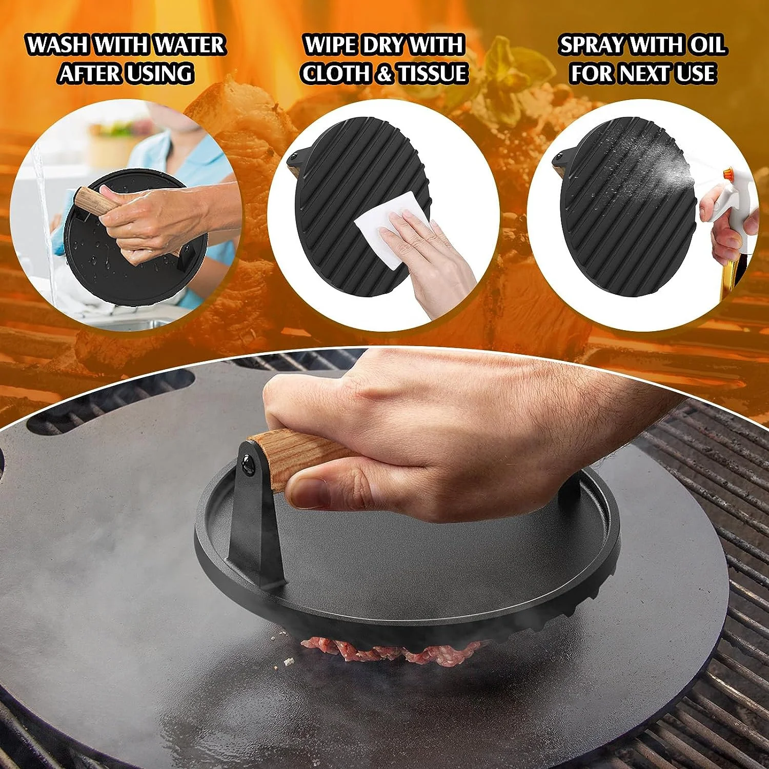 Smashed Burger Kit,Cast Iron Heavy Duty Burger Smasher Round
