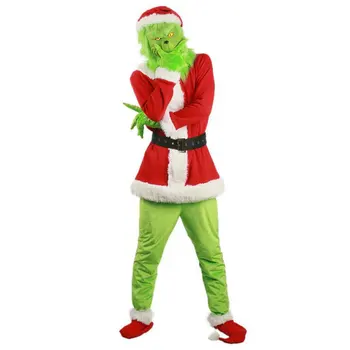 Adult Kids Unisex Christmas Green Monster Costume Deluxe Furry Santa Claus Suit Cosplay Halloween Outfit Stage Performance Set