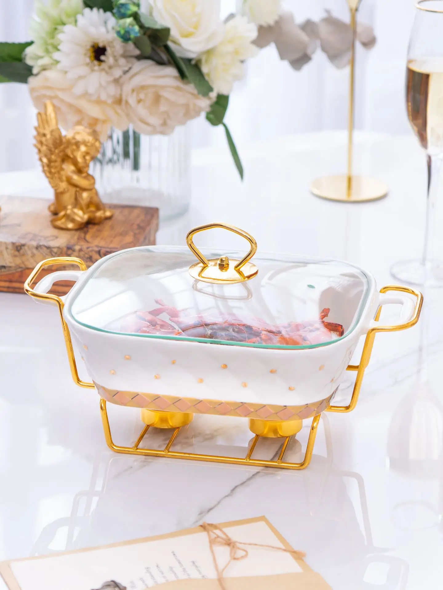 Wholesale Rectangle Ceramic Hot Pot Food Warmer Set Chafing Dish