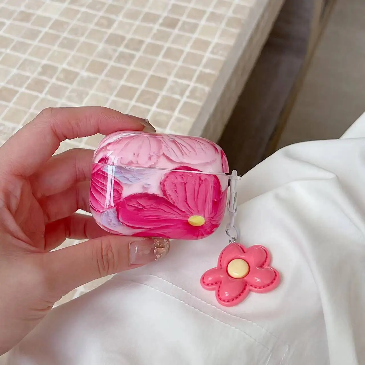 PC INSマゼンタオイルペインティングフラワーペンダントケースAirPods 1/2 3 Pro防水耐衝撃インスタイルストリートファッション  