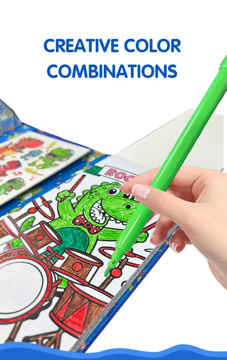product custom new cognition tri fold dinosaur band creative scene reusable puffy stickers coloring book set for kids student-13