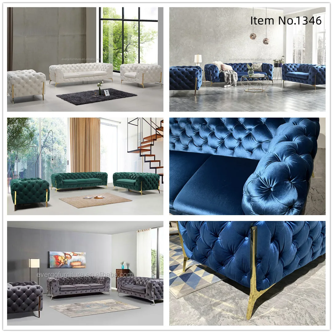 Modern Designs Italian Tufted Button Sofa Set Velvet Fabric