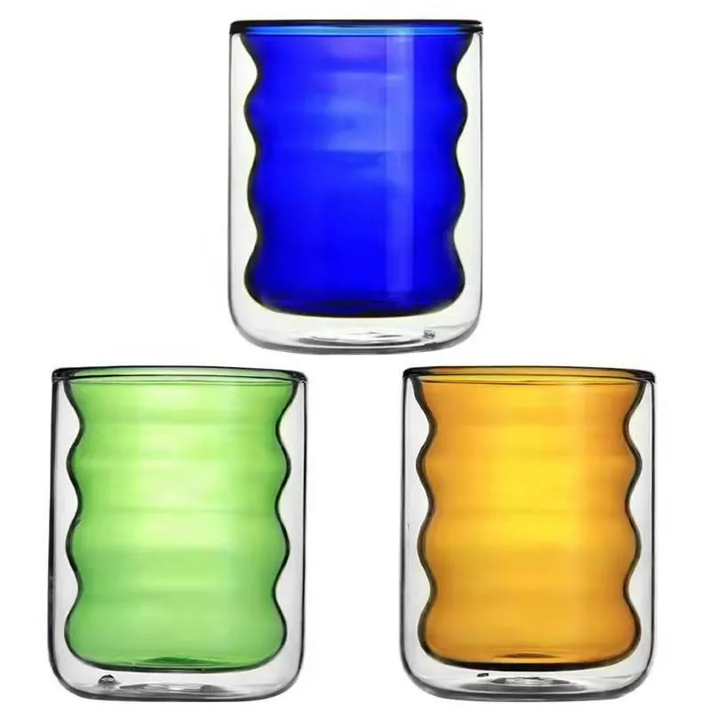 200ml Vintage Creative Glass Mug Double-Wall Heat-Resistant Color Wave Design for Coffee Juice or Milk