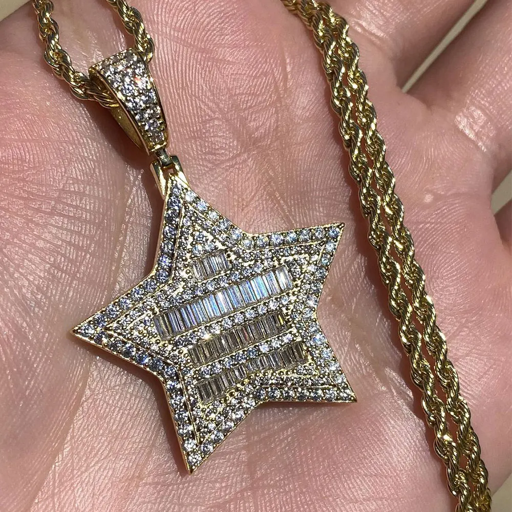 gold plating bling hip hop jewelry baguette setting cz Five Point Star Pendant Star Shaped Pave Pendants