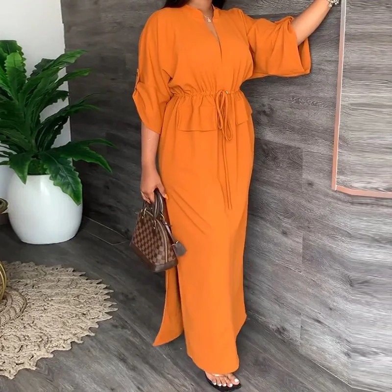 Stand Collar V Neck Long Sleeve Orange Drawstring Dress