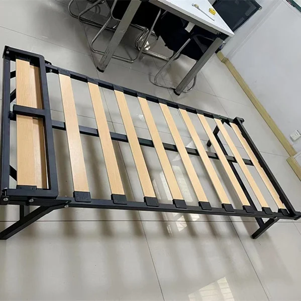 Custom Single Metal Foldable Bed Frames With Wooden Slats And Folding Headboard And Folding Legs