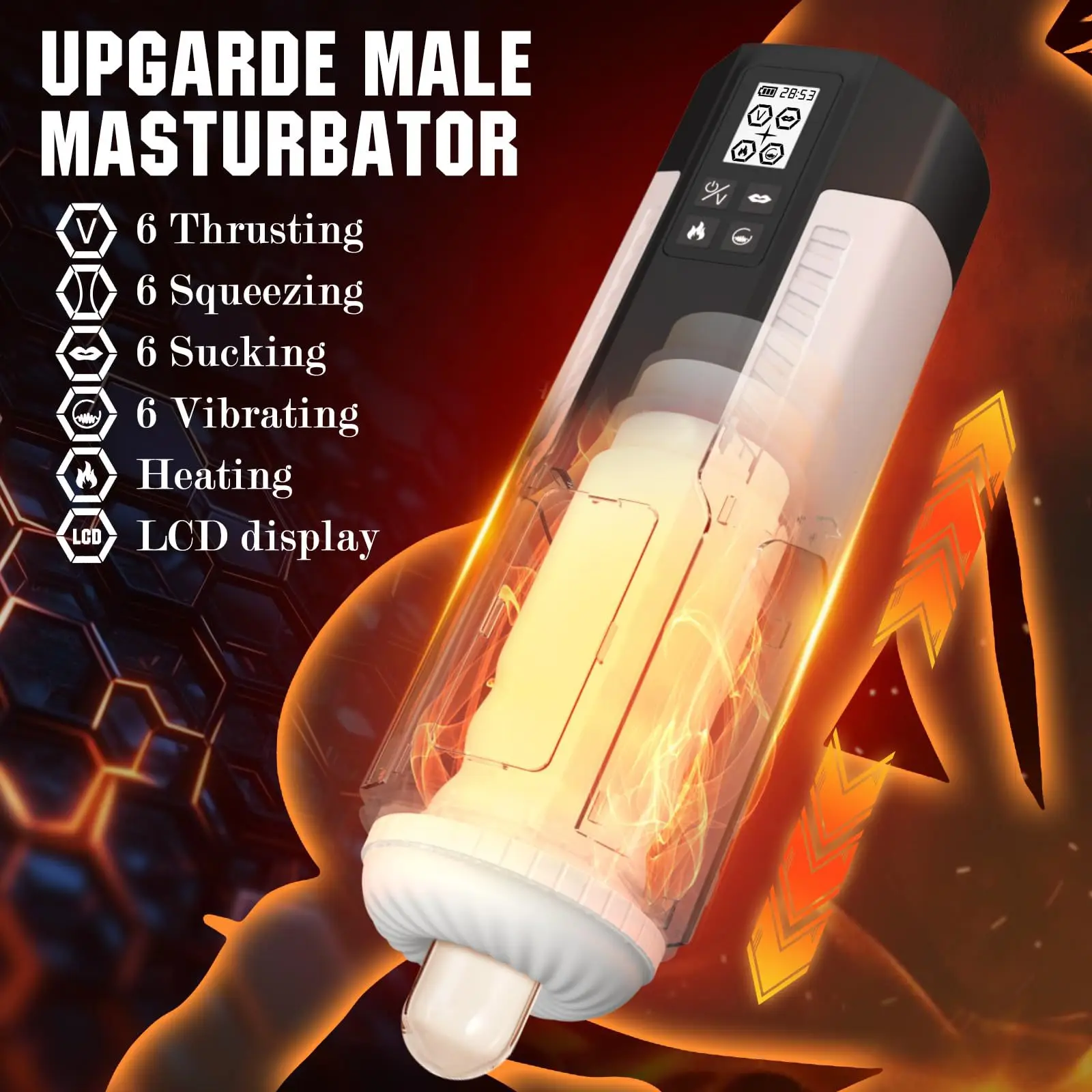 Powerful Multi-Fruit Thunder Wind Cup Male Masturbator with Gentle Sucking Super Vibraition Heating & LCD Features
