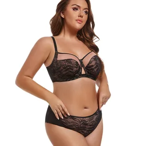 European American Large Size Bra Set Front Closure Full Cup Lace Intimates Sexy Adjusted-Straps Solid for Big Breasts Fat MM